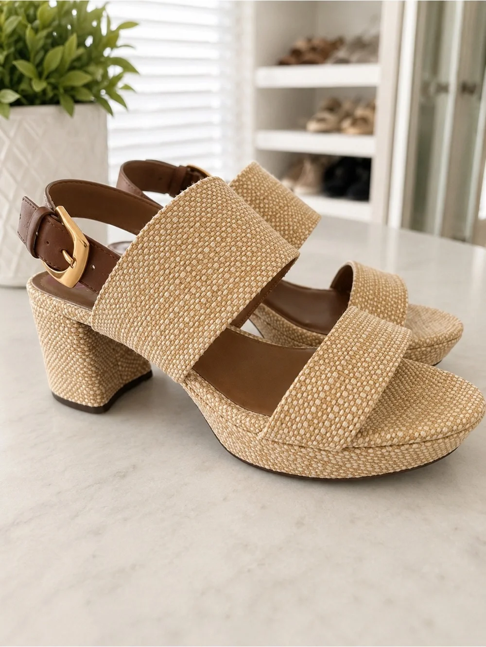 AEROSOLES Tan Woven Platform Block Heel Sandals